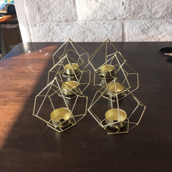 Gold and wood geometric candle holders - Picture 4 of 7